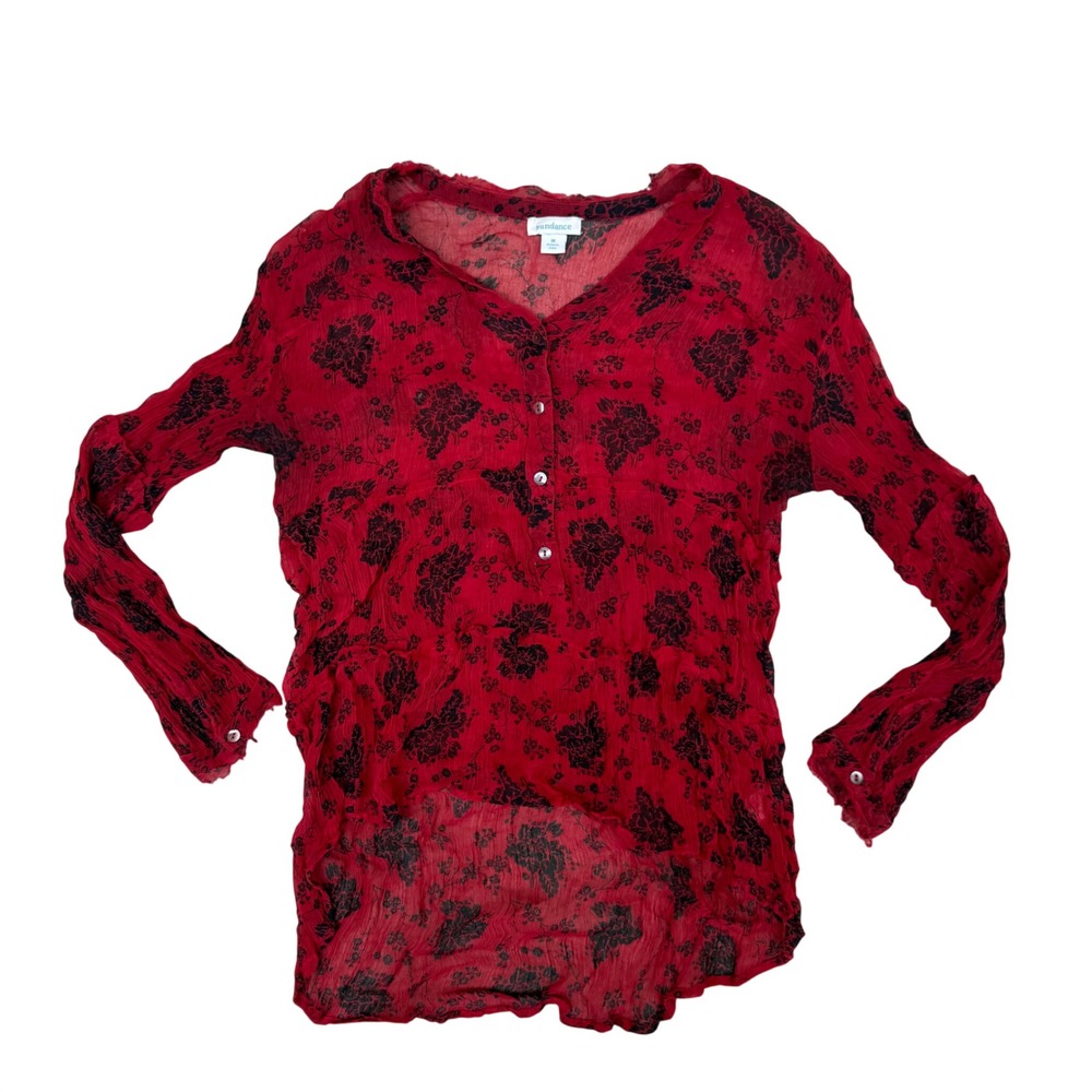 Sundance Red Black Floral Sheer Crinkle Chiffon Henley Blouse High Low Medium